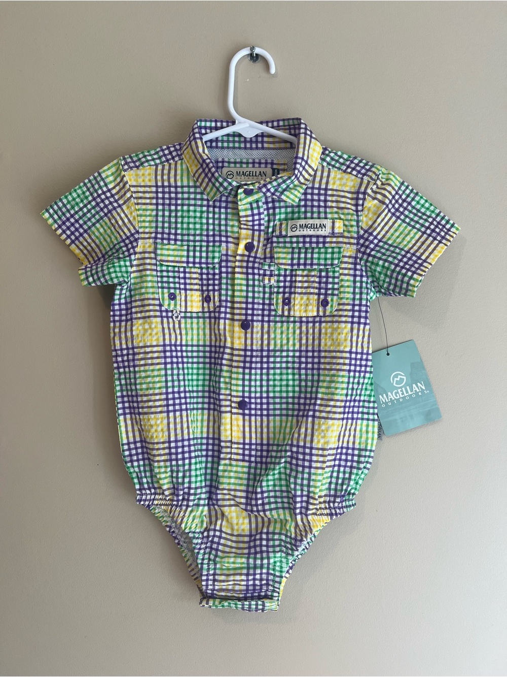 Magellan 12-18 Month MardiGras Seersucker Gingham Fishing Onesie